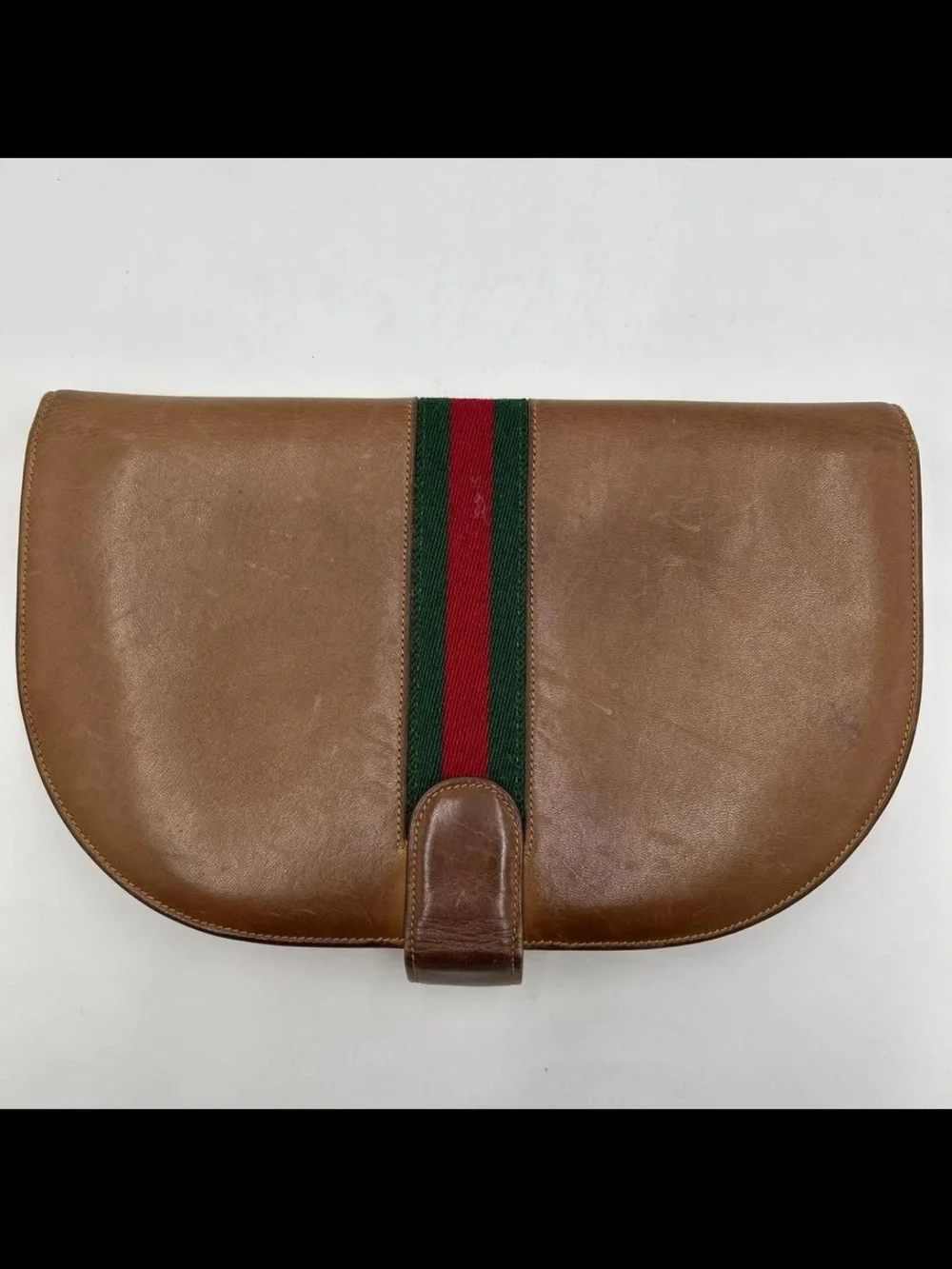 Gucci Brown Leather Clutch with Signature Green and Red Web